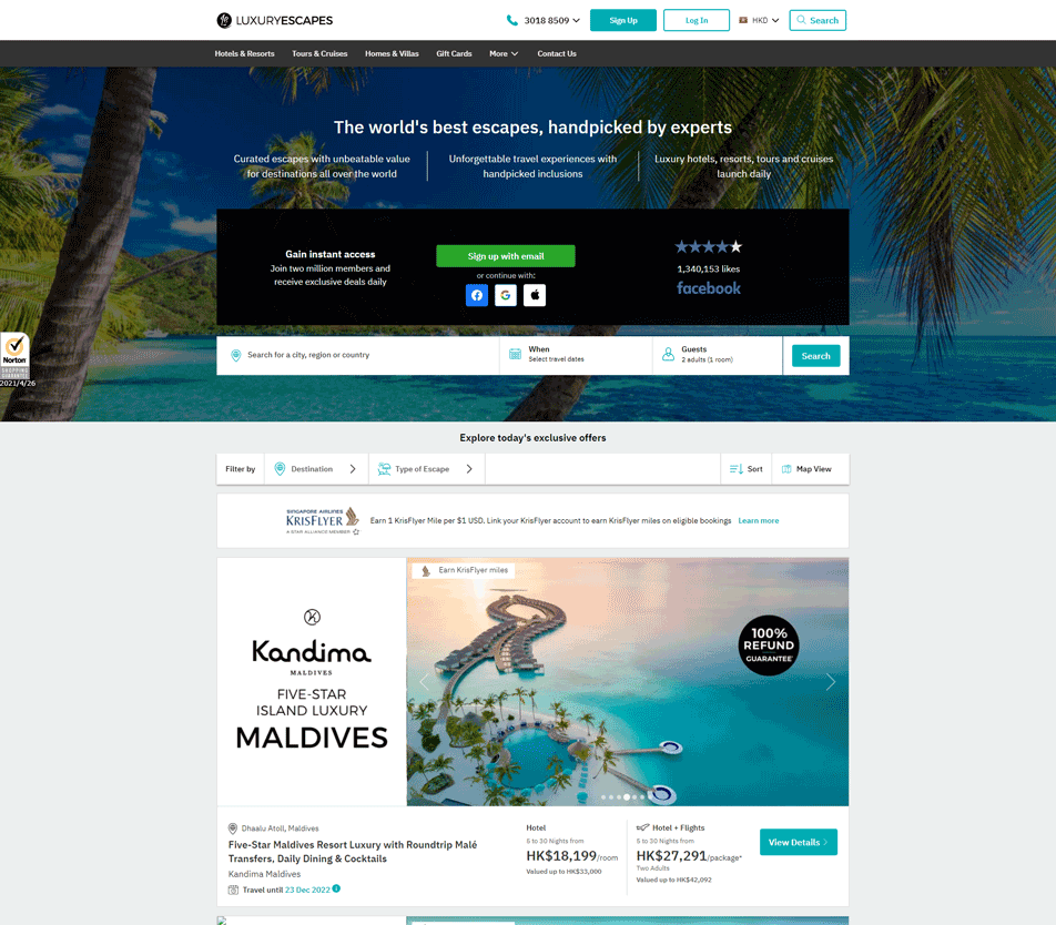 亞洲奢華酒店、行程預訂網站：Luxury Escapes 新加坡, 菲律賓, 香港, 馬來西亞 購物網站 MeetKK-MeetKK